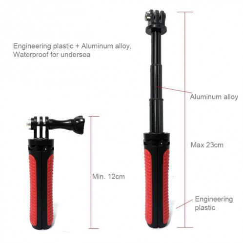 Multi-fonctionnel support de trépied pliable Selfie Monopod Stick pour GoPro HERO5 Session / 5/4 Session / 4/3 + / 3/2/1, caméras de sport Xiaoyi, longueur: 12-23cm (rouge) SH472R834-07