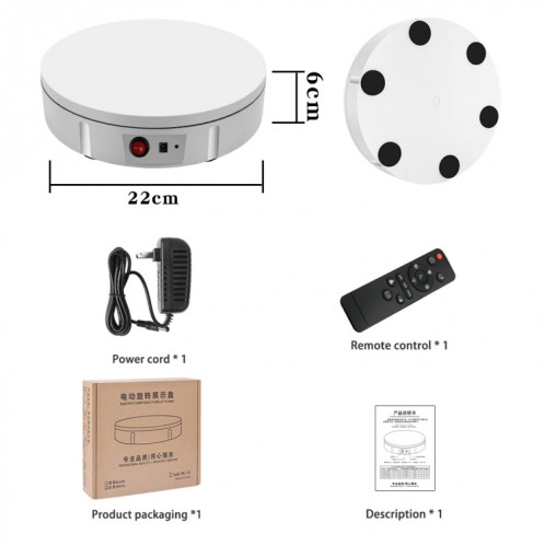 Stand de rotation électrique de 22 cm Stand de prise de vue vidéo PLATTIFIBLES, CHARGEMENT: 50KG, Bouchon EU (Blanc) SH534W1139-08