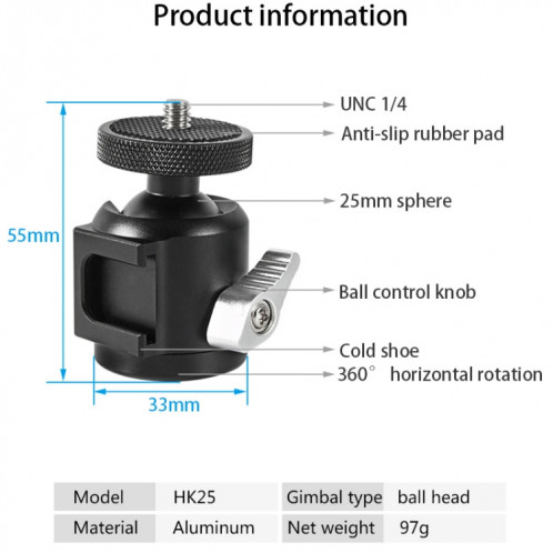 Tête d'adaptateur de trépied d'alliage froide d'aluminium de bexine HK25 en alliage d'aluminium (noir) SB708B1813-07