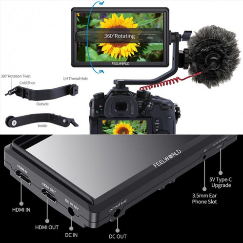 FEELWORLD FW568 V3 Moniteur de champ de caméra 3D LUT DSLR 6 pouces, IPS Full HD 1920 x 1152, prend en charge le bras d'inclinaison de sortie d'entrée HDMI SF20401664-08