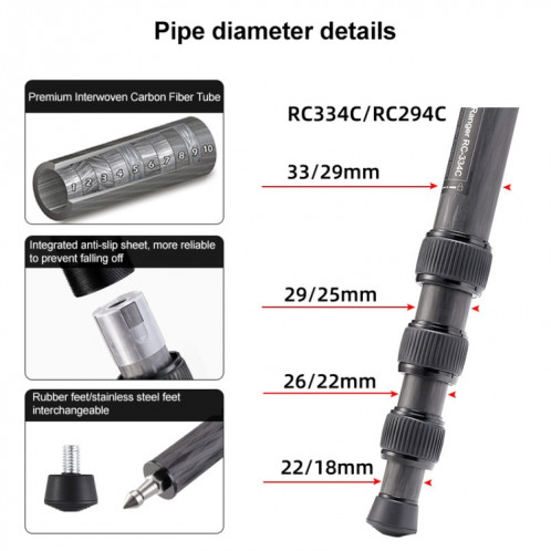 BEXIN RC294 Trépied Portable Pliable en Fibre de Carbone avec Rotule Panoramique K44 SH20891336-08