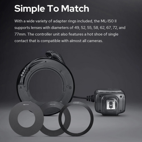 Godox ML-150II Flash annulaire macro sur caméra avec 8 bagues d'adaptation de tailles différentes (noir) SG192B823-06