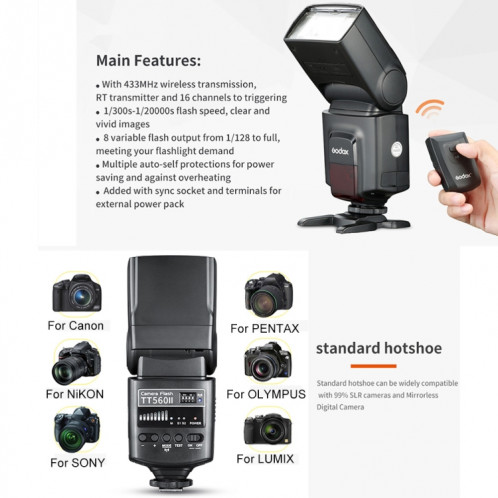 Godox TT560II Sans Fil 433MHz GN38 Flash Speedlite pour Appareil Photo (Noir) SG206B799-08