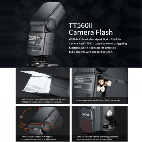 Godox TT560II Sans Fil 433MHz GN38 Flash Speedlite pour Appareil Photo (Noir) SG206B799-08