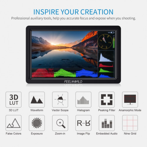 FEELWORLD FW568S Moniteur sur caméra 6 pouces FHD IPS 3G-SDI 4K HDMI F970 Kit d'alimentation et d'installation externe (Noir) SF211B16-011