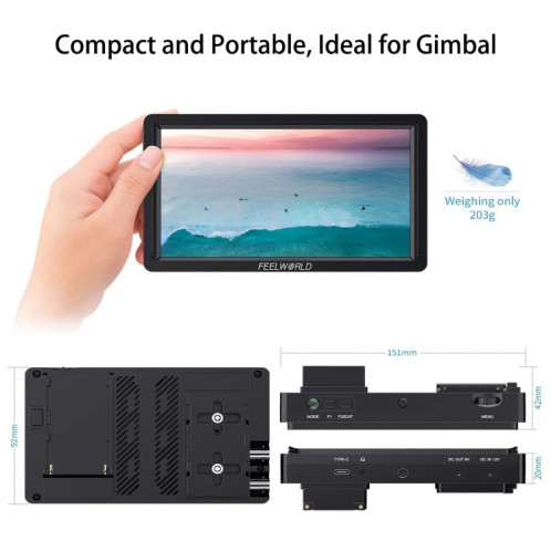 FEELWORLD FW568S Moniteur sur caméra 6 pouces FHD IPS 3G-SDI 4K HDMI F970 Kit d'alimentation et d'installation externe (Noir) SF211B16-011