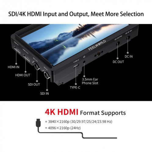 FEELWORLD FW568S Moniteur sur caméra 6 pouces FHD IPS 3G-SDI 4K HDMI F970 Kit d'alimentation et d'installation externe (Noir) SF211B16-011