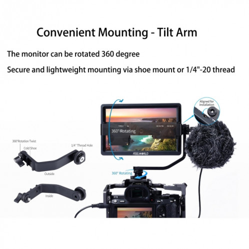 FEELWORLD FW568S Moniteur sur caméra 6 pouces FHD IPS 3G-SDI 4K HDMI F970 Kit d'alimentation et d'installation externe (Noir) SF211B16-011