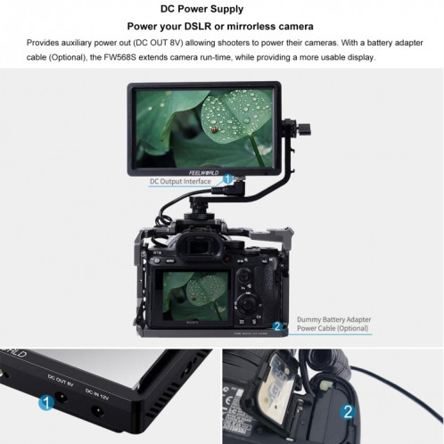 FEELWORLD FW568S Moniteur sur caméra 6 pouces FHD IPS 3G-SDI 4K HDMI F970 Kit d'alimentation et d'installation externe (Noir) SF211B16-011