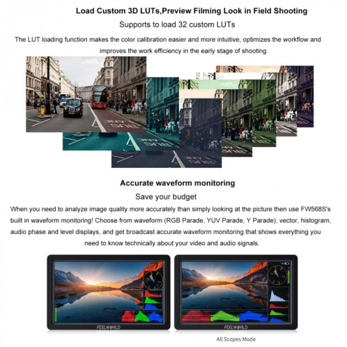 FEELWORLD FW568S Moniteur sur caméra 6 pouces FHD IPS 3G-SDI 4K HDMI F970 Kit d'alimentation et d'installation externe (Noir) SF211B16-011