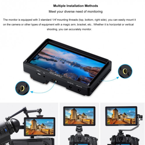 FEELWORLD FW568S Moniteur sur caméra 6 pouces FHD IPS 3G-SDI 4K HDMI F970 Kit d'alimentation et d'installation externe (Noir) SF211B16-011