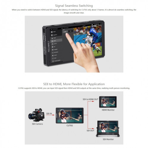 FEELWORLD CUT6S Enregistreur de moniteur à écran tactile 6 pouces FHD IPS 4K HDMI 3G-SDI Moniteur de champ de caméra (Noir) SF232B661-015