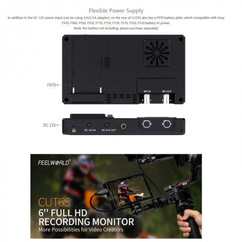 FEELWORLD CUT6S Enregistreur de moniteur à écran tactile 6 pouces FHD IPS 4K HDMI 3G-SDI Moniteur de champ de caméra (Noir) SF232B661-015
