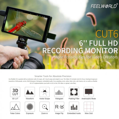 FEELWORLD CUT6 Moniteur à écran tactile 6 pouces Enregistreur FHD IPS 4K HDMI Moniteur de champ de caméra (Noir) SF233B1368-015