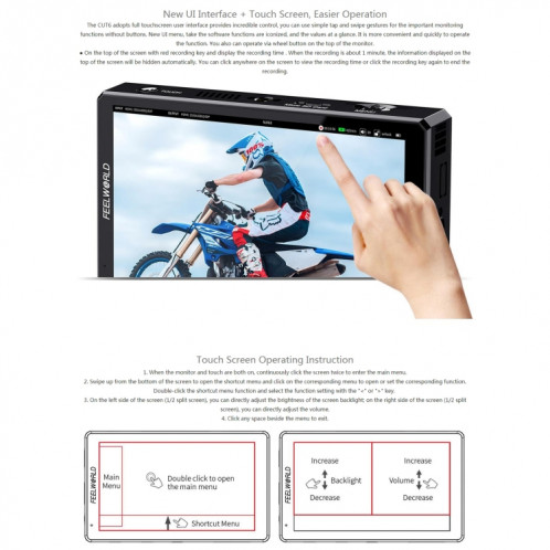 FEELWORLD CUT6 Moniteur à écran tactile 6 pouces Enregistreur FHD IPS 4K HDMI Moniteur de champ de caméra (Noir) SF233B1368-015
