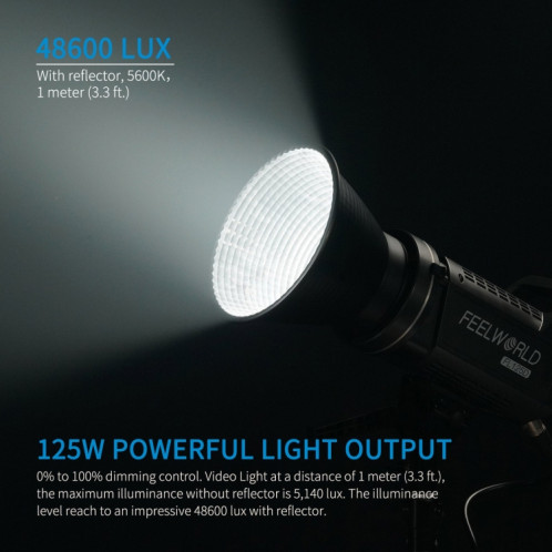 FEELWORLD FL125D Lumière vidéo à source ponctuelle de lumière du jour 125 W, contrôle de l'application Bluetooth (prise UE) SF36EU907-010