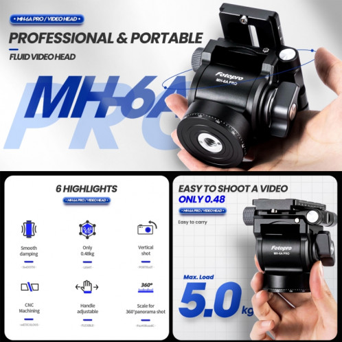 Fotopro MH-6A Pro Trépied de caméra vidéo robuste en alliage d'aluminium à action fluide avec plaque coulissante (noir) SF247B1089-08