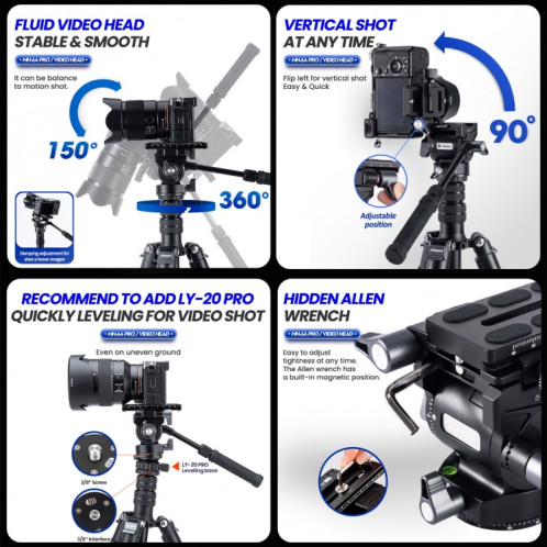 Fotopro MH-6A Pro Trépied de caméra vidéo robuste en alliage d'aluminium à action fluide avec plaque coulissante (noir) SF247B1089-08