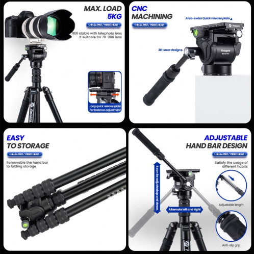 Fotopro MH-6A Pro Trépied de caméra vidéo robuste en alliage d'aluminium à action fluide avec plaque coulissante (noir) SF247B1089-08