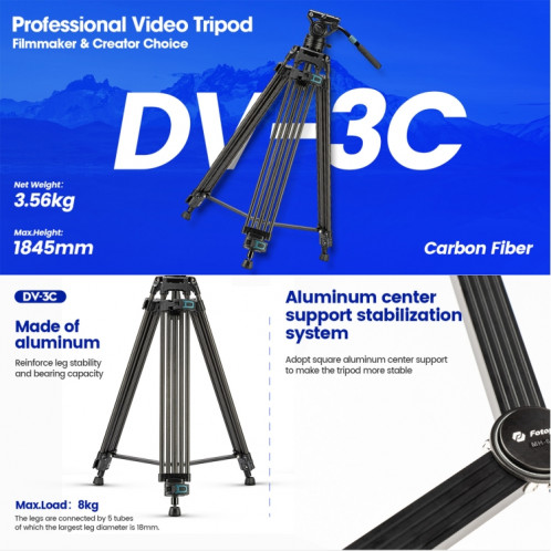Fotopro DV-3C Trépied vidéo en fibre de carbone à tête fluide robuste (noir) SF252B307-06