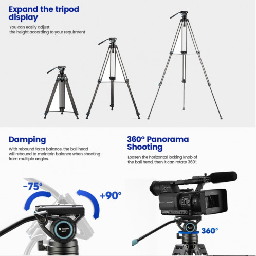 Fotopro DV-3C Trépied vidéo en fibre de carbone à tête fluide robuste (noir) SF252B307-06