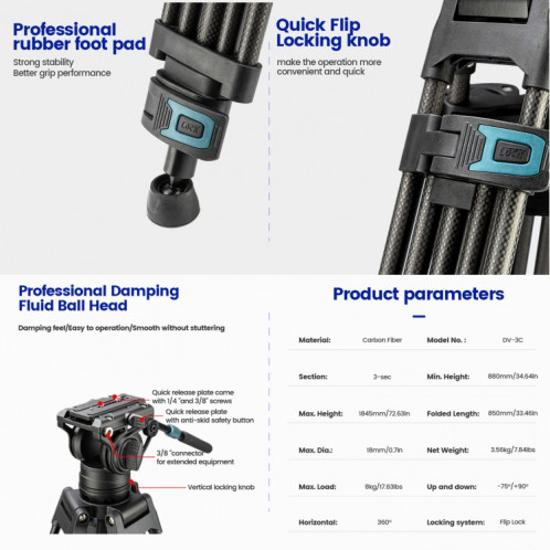 Fotopro DV-3C Trépied vidéo en fibre de carbone à tête fluide robuste (noir) SF252B307-06
