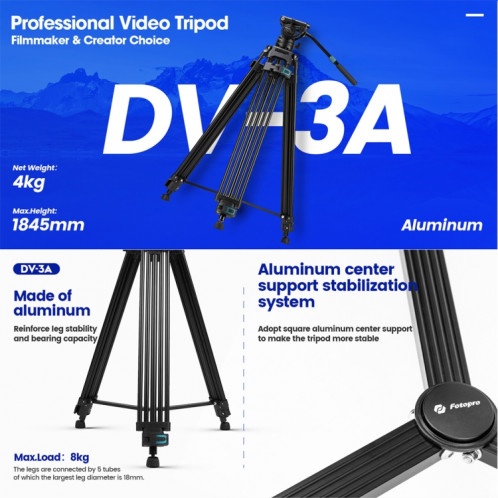 Fotopro DV-3A Trépied vidéo en alliage d'aluminium à tête fluide robuste (noir) SF253B1289-06