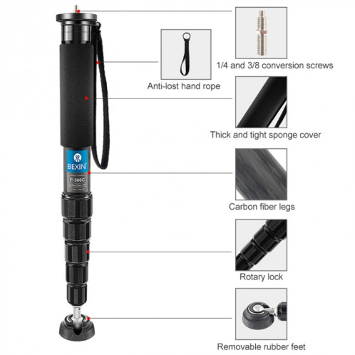 BEXIN P365C Support de support de voyage en direct pour monopode en fibre de carbone pour appareil photo BEXIN P365C SB3076497-07