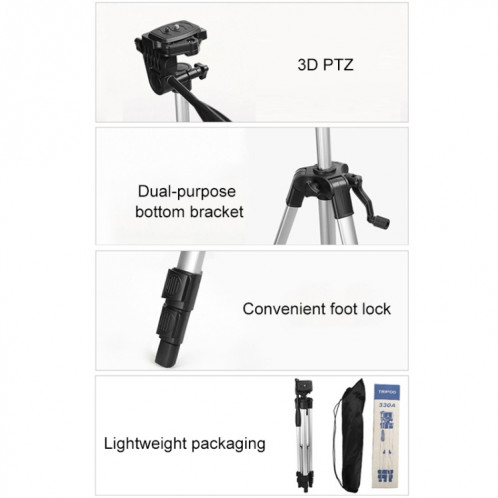 Trépied en direct Trépied 3 Section Pieds pliants en alliage d'aluminium Support trépied en aluminium avec la tête de trépied tridimensionnelle en U et la pince de téléphone pour DSLR et appareil photo numérique, SH59801980-09