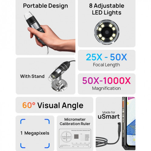 Microscope numérique filaire Ulefone uSmart C01 pour Ulefone Armor 18 Series / 9 / 9E & Power Armor 16 Series / 13 / Armor Pad (Noir) SU024B51-013