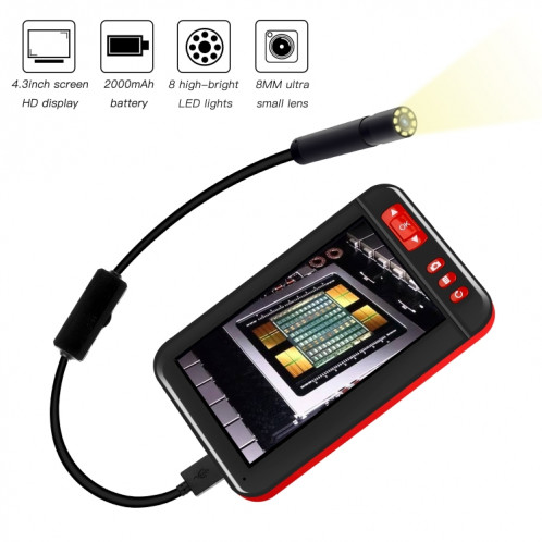 Endoscope d'inspection P20 4,3 pouces HD1080P avec 8 LED, longueur : 5 m, diamètre de la lentille : 8 mm, ligne dure SH0073748-010