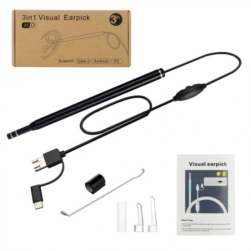AN101 Otoscope domestique 5,5 mm Endoscope auriculaire trois en un Otoscope HD 30 W Otoscope visuel de prélèvement d'oreille (noir) SH122B229-08