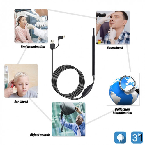 AN101 Otoscope domestique 5,5 mm Endoscope auriculaire trois en un Otoscope HD 30 W Otoscope visuel de prélèvement d'oreille (noir) SH122B229-08
