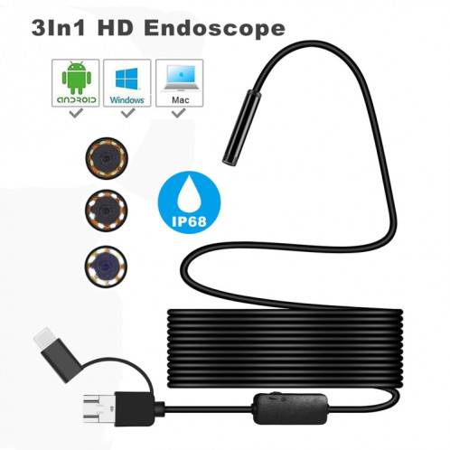 Y101 8 mm tête en spirale caméra d'inspection d'endoscope numérique étanche 3 en 1, longueur: câble flexible de 5 m (noir) SH454B564-05