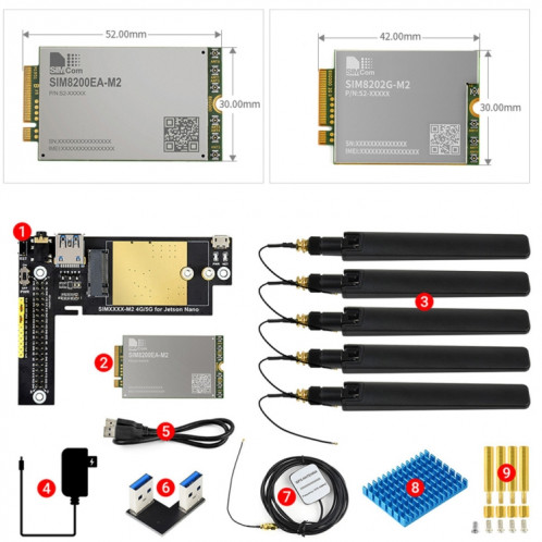 Waveeshare SIM8200EA-M2 5G Snapdragon X55 Module multi-bande multi-bandes Multi 5G / 4G / 3G Agrandir la carte pour Jetson Nano, prise EU SW01621616-010