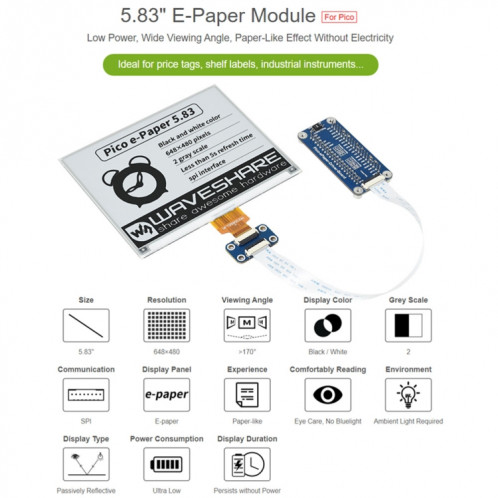WAVESHARE 5.83 pouces 648x480 Pixel Noir Black E-Papier E-Enc d'affichage d'affichage de l'enveloppe d'électricité pour Raspberry Pi Pico, Interface SPI SW0163709-08