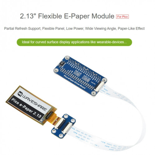 Waveshare 2.13 pouces 212 x 104 Pixel Noir / Blanc Flexible E-Encre E-Enc d'affichage d'affichage à l'enveloppe électronique pour Raspberry Pi Pico, Interface SPI SW01641916-09
