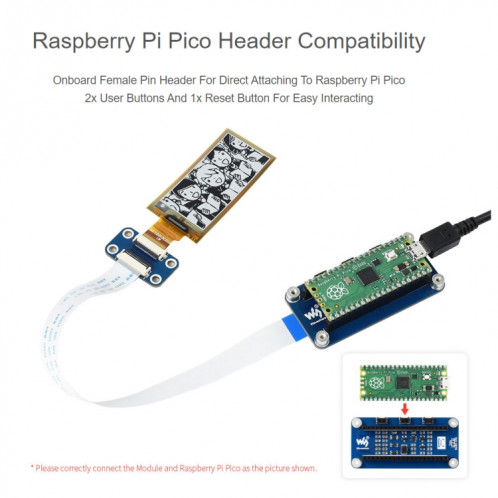 Waveshare 2.13 pouces 212 x 104 Pixel Noir / Blanc Flexible E-Encre E-Enc d'affichage d'affichage à l'enveloppe électronique pour Raspberry Pi Pico, Interface SPI SW01641916-09
