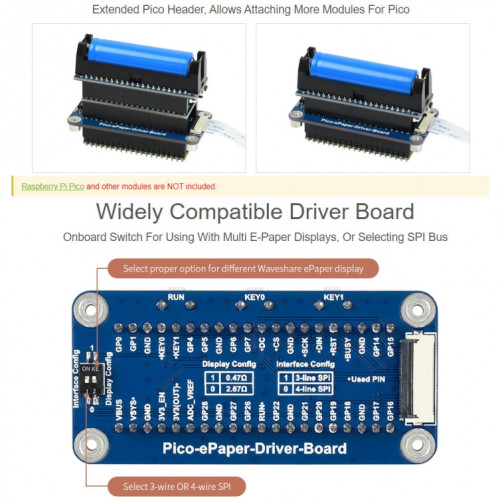 Waveshare 2.13 pouces 212 x 104 Pixel Noir / Blanc Flexible E-Encre E-Enc d'affichage d'affichage à l'enveloppe électronique pour Raspberry Pi Pico, Interface SPI SW01641916-09