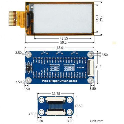 Waveshare 2.13 pouces 212 x 104 Pixel Noir / Blanc Flexible E-Encre E-Enc d'affichage d'affichage à l'enveloppe électronique pour Raspberry Pi Pico, Interface SPI SW01641916-09