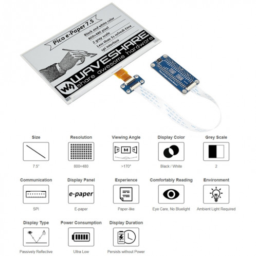 WAVESHARE 7.5 pouces 800x480 Pixel Noir Module d'affichage en E-Encre E-Papier pour Raspberry Pi Pico, Interface SPI SW0165823-09