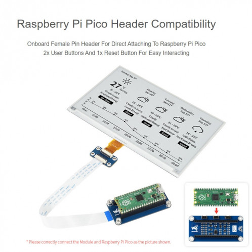 WAVESHARE 7.5 pouces 800x480 Pixel Noir Module d'affichage en E-Encre E-Papier pour Raspberry Pi Pico, Interface SPI SW0165823-09
