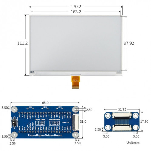 WAVESHARE 7.5 pouces 800x480 Pixel Noir Module d'affichage en E-Encre E-Papier pour Raspberry Pi Pico, Interface SPI SW0165823-09