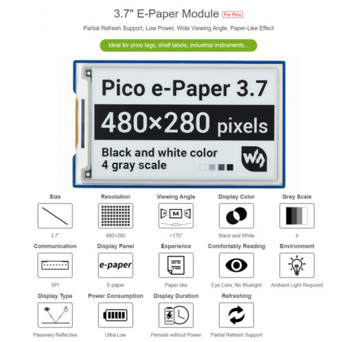 Module d'affichage d'affichage électronique E-Paper E-Paper 3,7 pouces 480x280 Pixel pour Raspberry Pi Pico, 4 Niveaux de gris, Interface SPI SW01661418-09