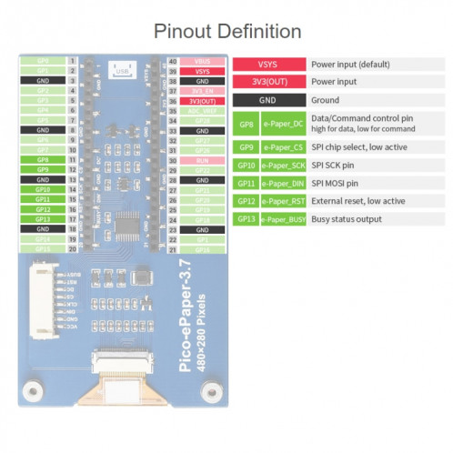 Module d'affichage d'affichage électronique E-Paper E-Paper 3,7 pouces 480x280 Pixel pour Raspberry Pi Pico, 4 Niveaux de gris, Interface SPI SW01661418-09