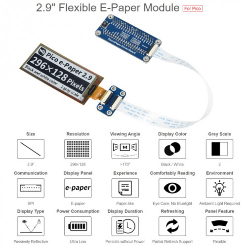 Module d'affichage d'affichage électronique E-Cape E-Papier E-Papier E-Papier E-Papier E-Papier E-Papier E-Paper pour Raspberry Pi Pico, Interface SPI SW01681231-09
