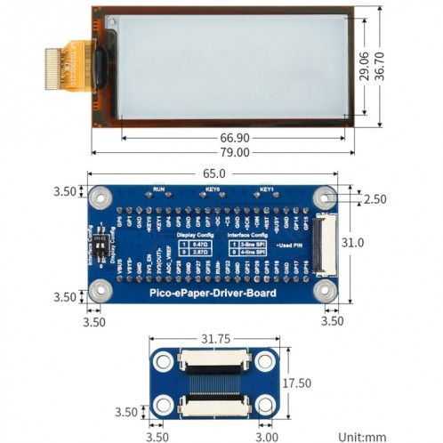 Module d'affichage d'affichage électronique E-Cape E-Papier E-Papier E-Papier E-Papier E-Papier E-Papier E-Paper pour Raspberry Pi Pico, Interface SPI SW01681231-09