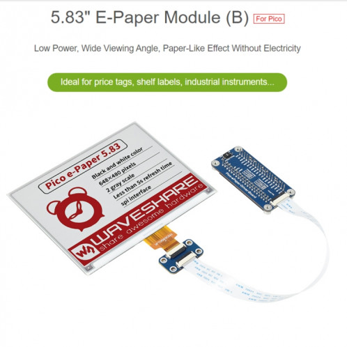 Waveshare 5.83 pouces 648x480 Pixel Rouge Noir Blanc E-Papier E-Encre E-Enc d'affichage (B) pour Raspberry Pi Pico, Interface SPI SW01691974-08