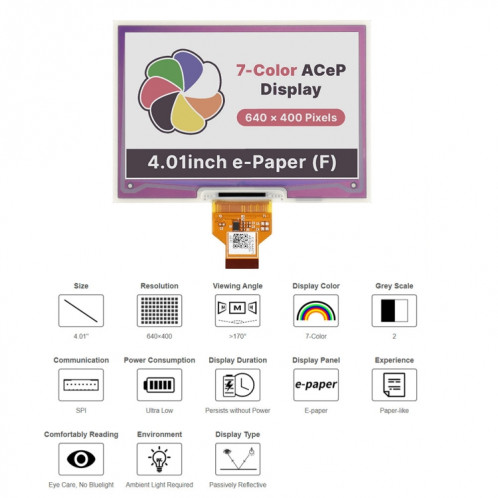 WAVESHARE 4.01 pouces ACEP 640x400 pixel E-Encre E-Encre E-Encre E-Encre E-Encre, sans PCB SW0174698-07