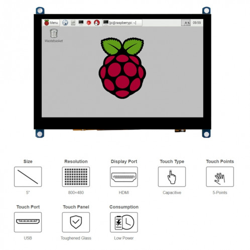 Waveshare 5 pouces SlimMed-Down version 800 x 480 Panneau de verre trempé écran tactile capacitif LCD (H) SW01761821-08